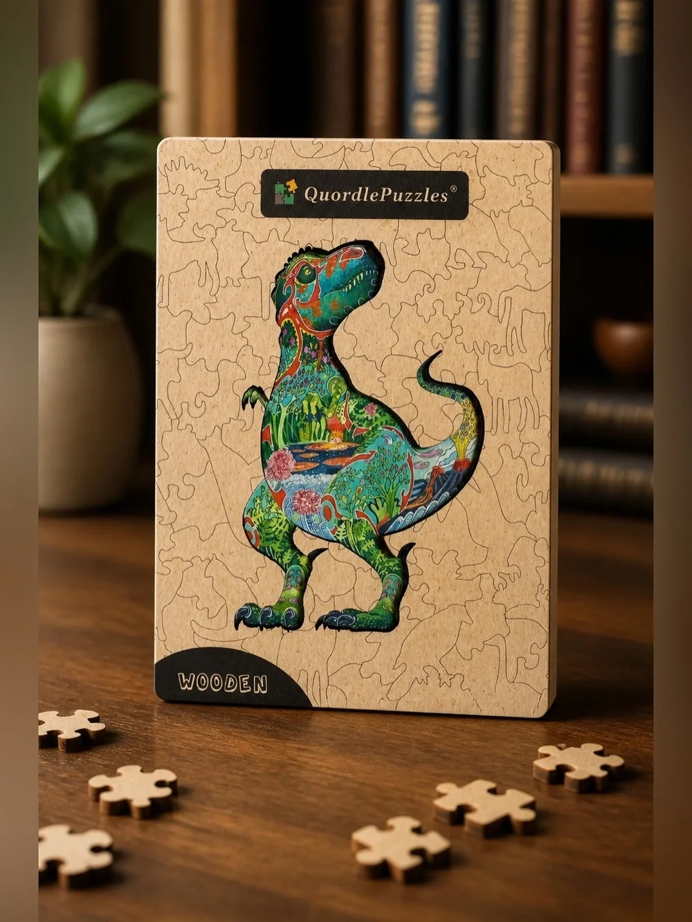 NIB QuordlePuzzles Colorful Dinosaur Wooden Puzzle - Size Medium